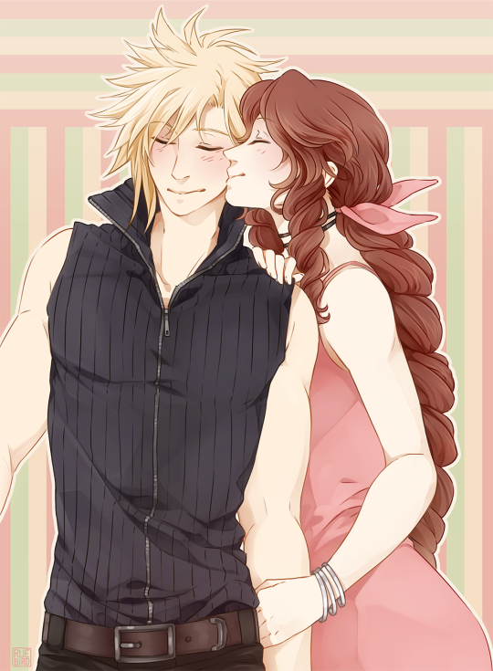 cloud strife and aerith gainsborough (final fantasy and 2 more) drawn by ruebird