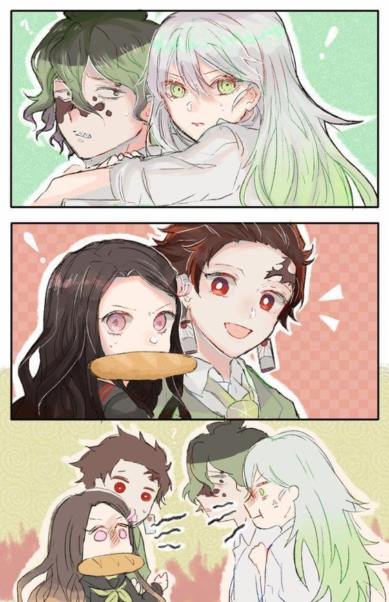 kamado nezuko, kamado tanjirou, daki, and gyuutarou (kimetsu no yaiba and 1 more) drawn by seha_(seha_kmt)