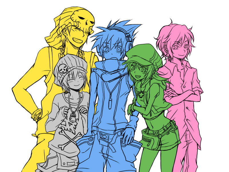 sakuraba neku, misaki shiki, bito daisukenojo, kiryu yoshiya, and bito raimu (subarashiki kono sekai) drawn by mutsuki_ayumi