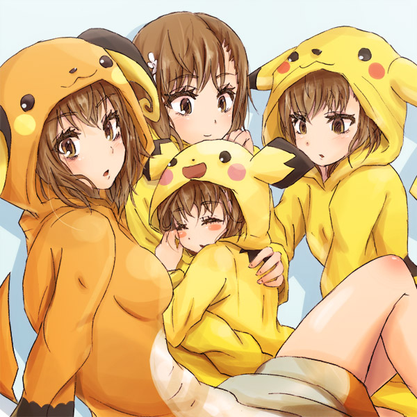 pikachu, misaka mikoto, last order, pichu, raichu, and 2 more (pokemon and 1 more) drawn by sakasana_(kaisen_teikoku)