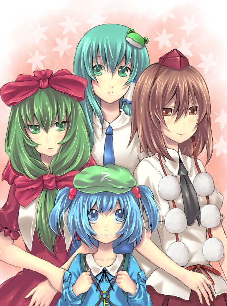 kochiya sanae, shameimaru aya, kawashiro nitori, and kagiyama hina (touhou and 1 more) drawn by mihiin