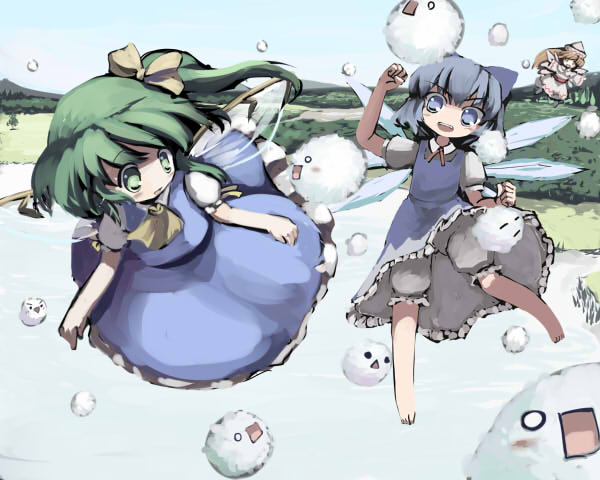 cirno, daiyousei, lily white, and kedama (touhou) drawn by gatau