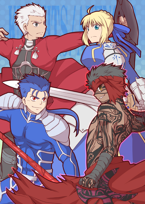 artoria pendragon, saber, cu chulainn, archer, and angra mainyu (fate and 2 more) drawn by yuemaru