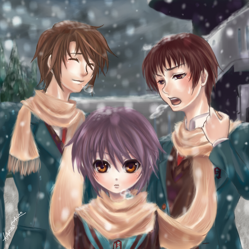 nagato yuki, kyon, and koizumi itsuki (suzumiya haruhi no yuuutsu) drawn by saiun_hanatsubasa