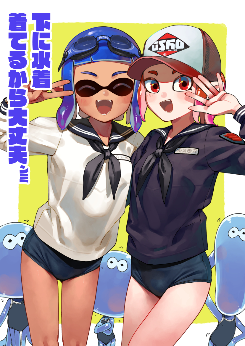 inkling player character, inkling girl, octoling player character, octoling girl, and jellyfish (splatoon) drawn by shiden_(sashimi_no_wife)