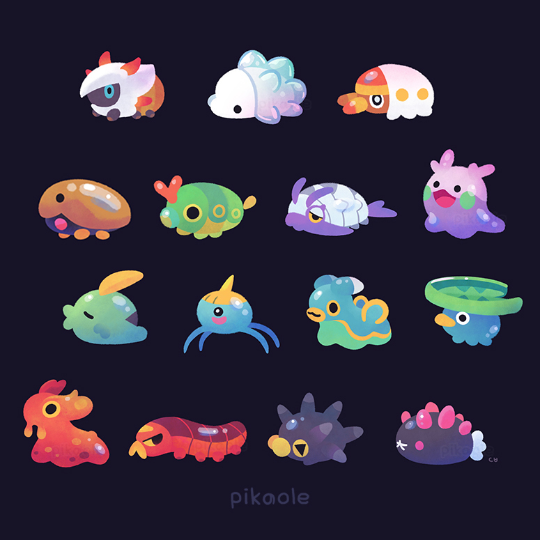 goomy, snom, pyukumuku, caterpie, lotad, and 10 more (pokemon) drawn by pikaole