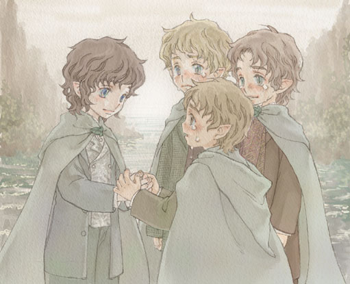 frodo baggins, samwise gamgee, peregrin took, and meriadoc brandybuck (tolkien's legendarium and 1 more) drawn by appuru