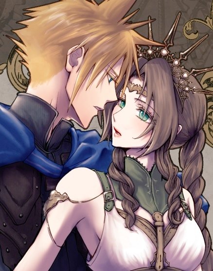 cloud strife and aerith gainsborough (final fantasy and 3 more) drawn by amemori_0207