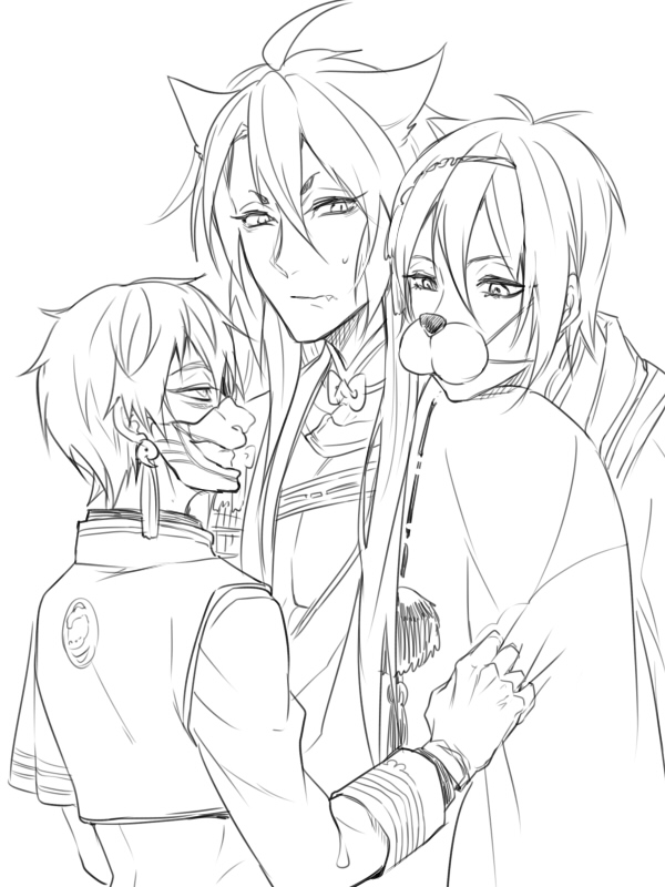 mikazuki munechika, kogitsunemaru, and nakigitsune (touken ranbu) drawn by zuwai_kani