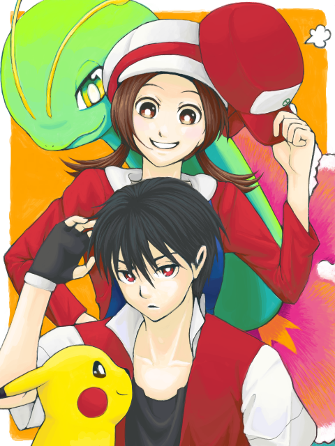 pikachu, red, lyra, meganium, and pixiv red (pokemon and 2 more) drawn by zs