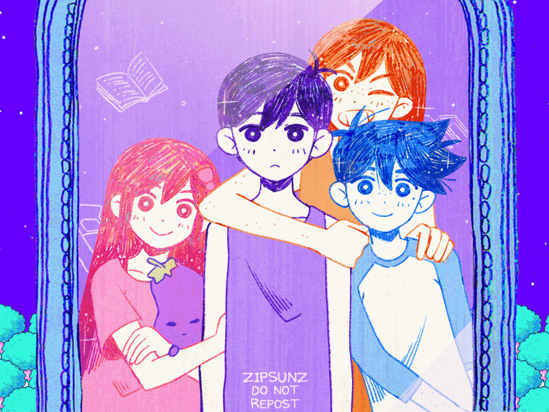 sunny, aubrey, kel, hero, and mr. plantegg (omori) drawn by zipsunz