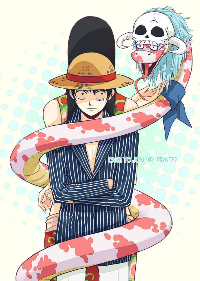 monkey d. luffy, boa hancock, and salome (one piece) drawn by akuhaku