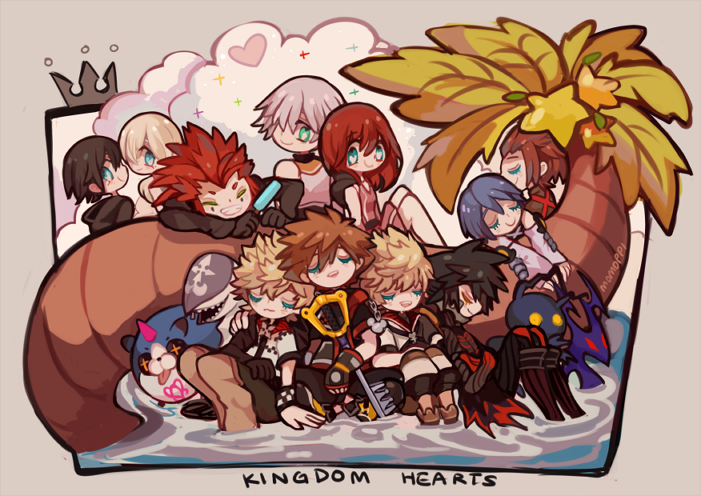 sora, roxas, kairi, riku, aqua, and 10 more (kingdom hearts) drawn by momoppi