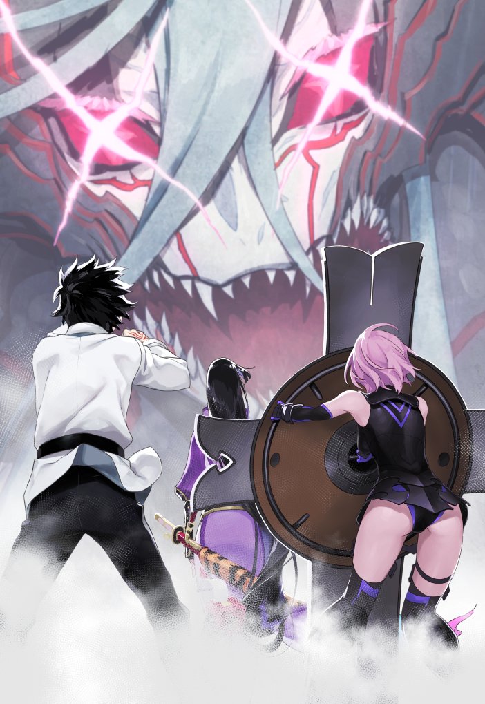mash kyrielight, fujimaru ritsuka, minamoto no raikou, and tiamat (fate and 1 more) drawn by nakuta