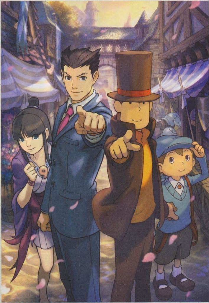 phoenix wright, maya fey, hershel layton, and luke triton (ace attorney and 2 more) drawn by nuri_kazuya