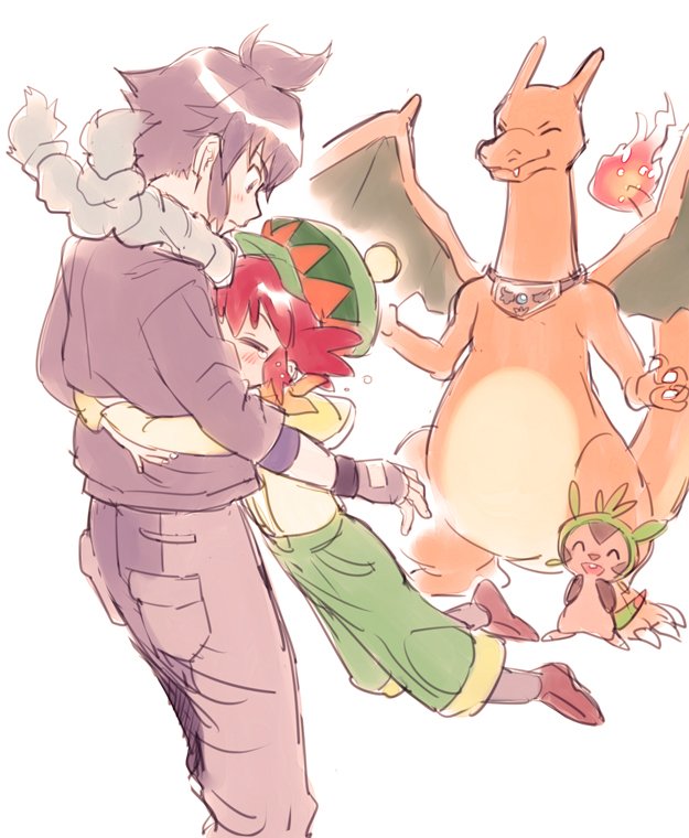 charizard, chespin, alain, and mairin (pokemon and 1 more) drawn by amezawa_koma