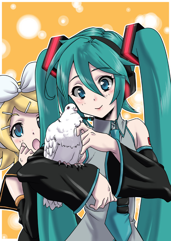 hatsune miku and kagamine rin (vocaloid) drawn by hirabaru_kenji