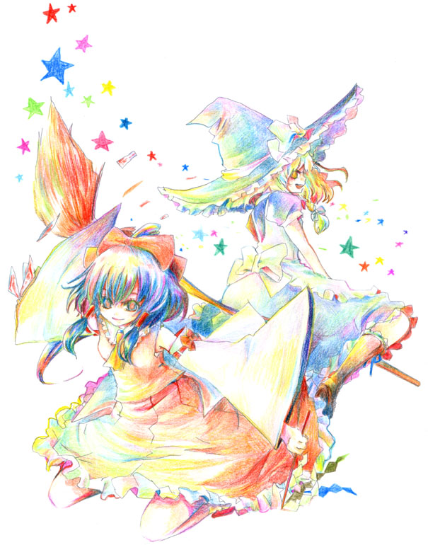 hakurei reimu and kirisame marisa (touhou) drawn by yaka_(pixiv13345828)