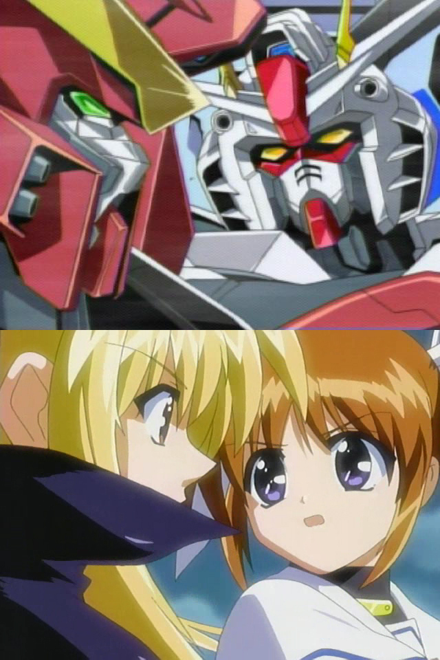 fate testarossa, takamachi nanoha, freedom gundam, and justice gundam (gundam and 3 more)