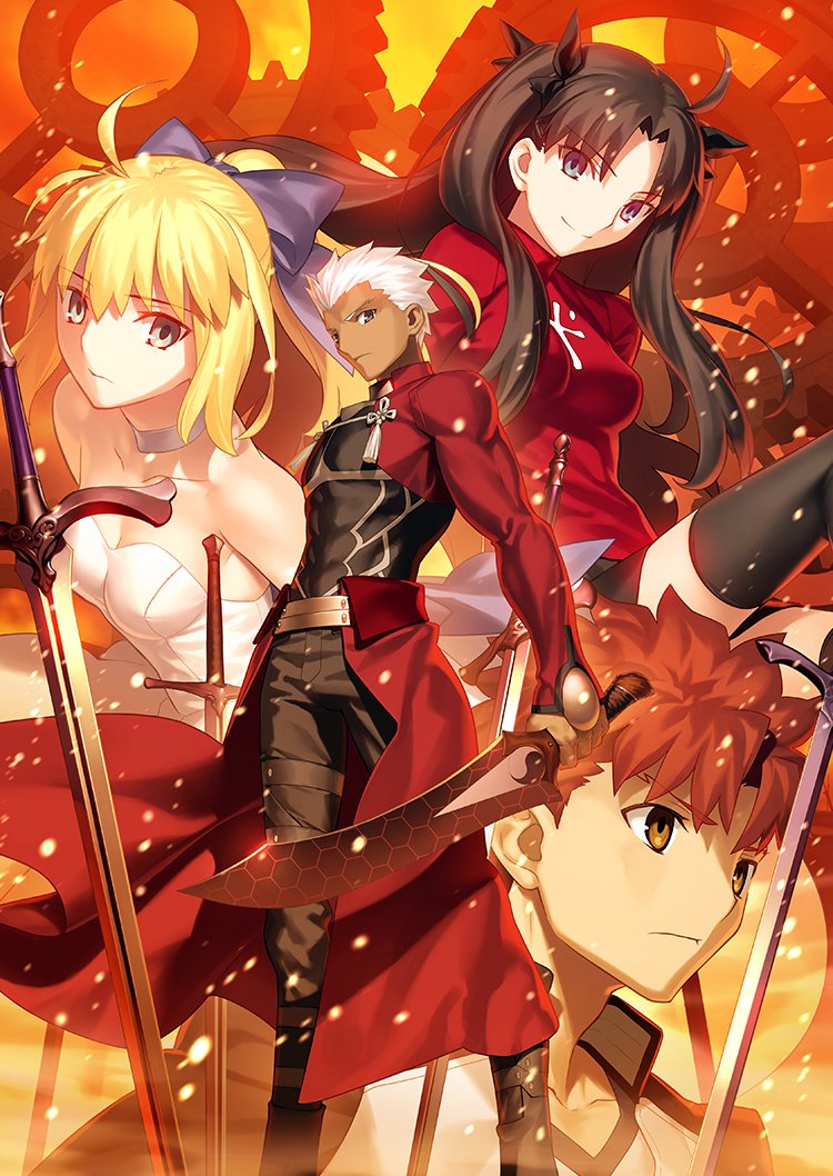 artoria pendragon, tohsaka rin, emiya shirou, and archer (fate and 1 more) drawn by takeuchi_takashi