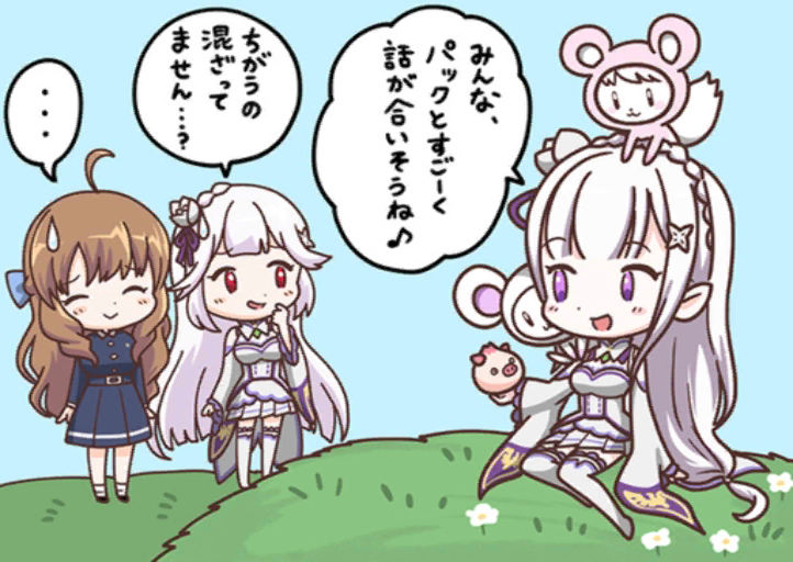 emilia, arimura shion, usui miyuki, melo, nikuman buta, and 1 more (re:zero kara hajimeru isekai seikatsu and 1 more)