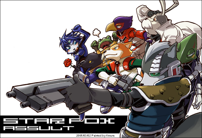 fox mccloud, krystal, wolf o'donnell, falco lombardi, slippy toad, and 3 more (star fox and 1 more) drawn by homa_kura