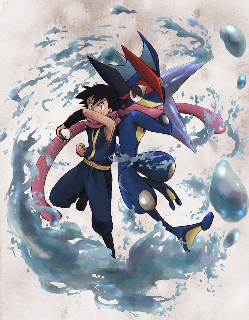 ash ketchum, greninja, and ash-greninja (pokemon) drawn by yoi_(207342)