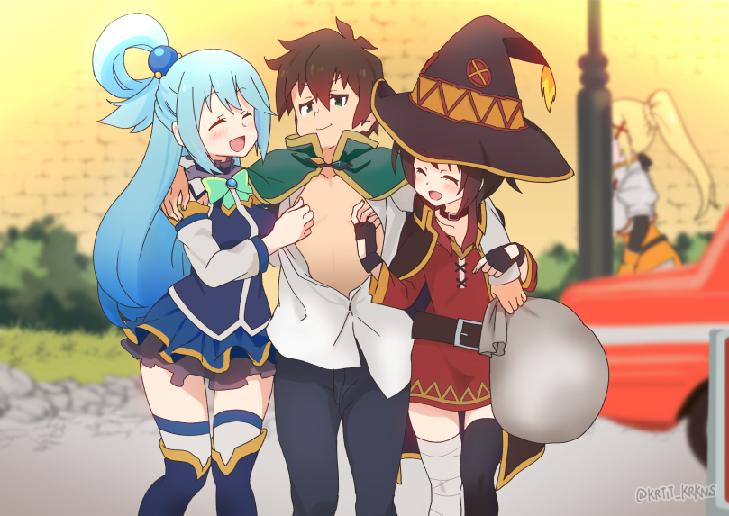 megumin, aqua, darkness, and satou kazuma (kono subarashii sekai ni shukufuku wo!) drawn by kurota_itsu