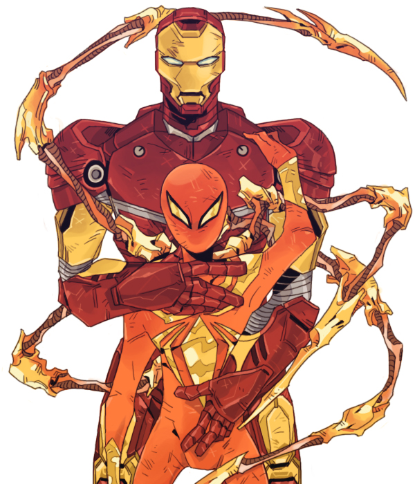spider-man, tony stark, iron man, peter parker, and iron spider armor (marvel and 1 more) drawn by 22_(tak_ja)