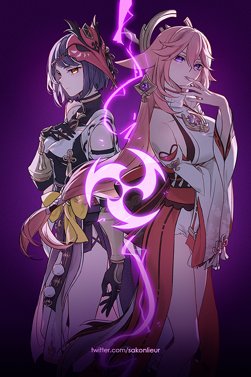 yae miko and kujou sara (genshin impact) drawn by sakon04
