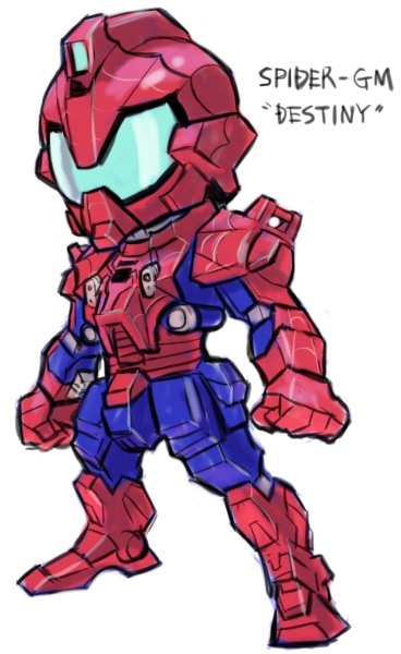 spider-man and blue destiny 01 (gundam and 4 more) drawn by aburaya_tonbi