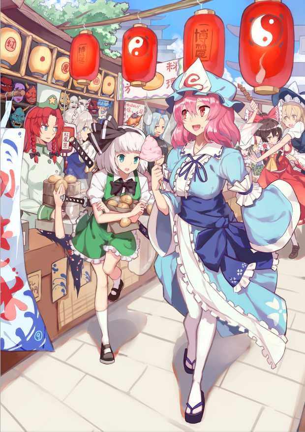 hakurei reimu, kirisame marisa, izayoi sakuya, konpaku youmu, yakumo yukari, and 7 more (touhou) drawn by kzhu