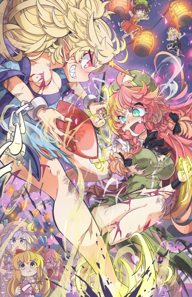 patchouli knowledge, hong meiling, rumia, chen, ibuki suika, and 2 more (touhou) drawn by the_land_druid