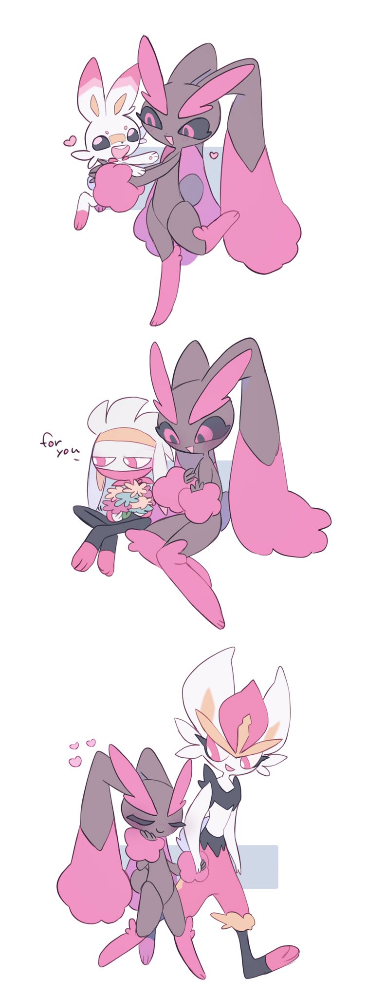 lopunny, scorbunny, cinderace, and raboot (pokemon) drawn by masayo_(skip)