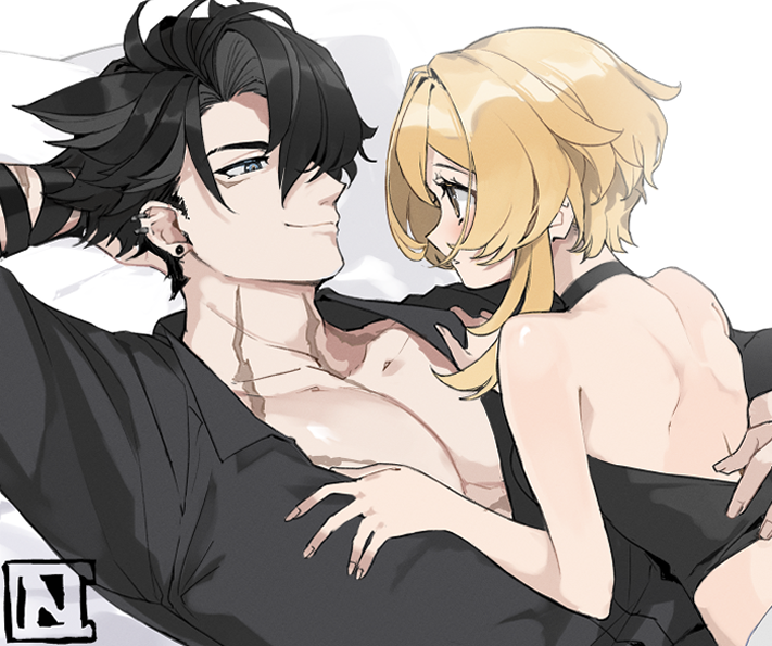 lumine and wriothesley (genshin impact) drawn by choco_c14