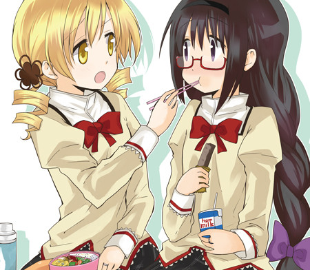akemi homura and tomoe mami (mahou shoujo madoka magica) drawn by myama