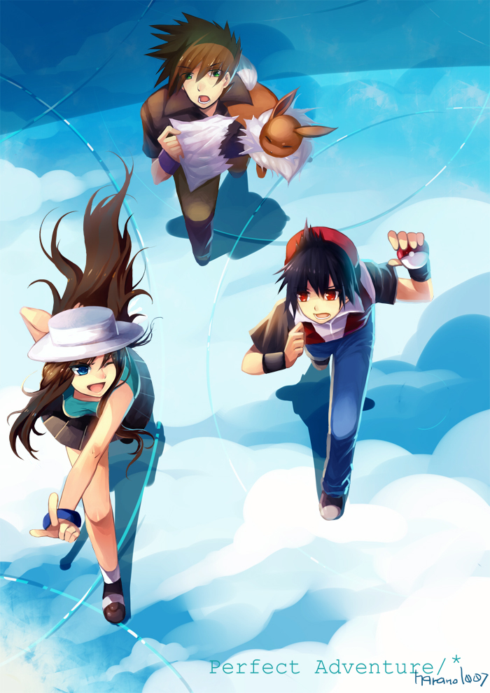red, eevee, blue oak, and green (pokemon and 1 more) drawn by izumigin
