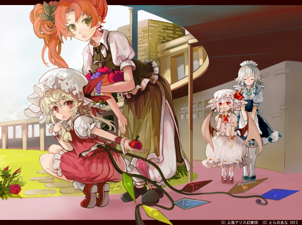remilia scarlet, flandre scarlet, izayoi sakuya, and hong meiling (touhou) drawn by sasurai_susuki