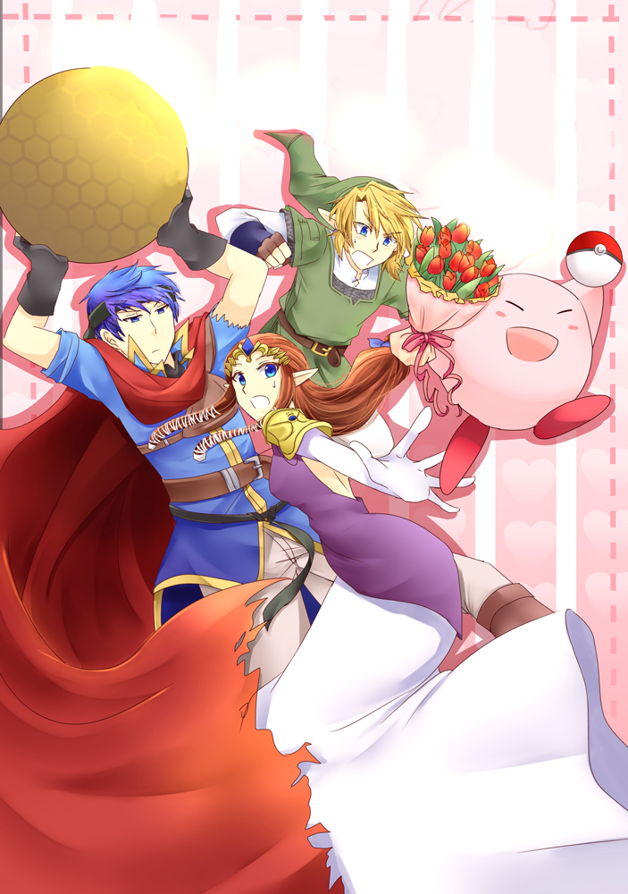 link, princess zelda, kirby, and ike (fire emblem and 5 more) drawn by kaidou_mitsuki