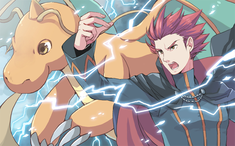 dragonite and lance (pokemon and 1 more) drawn by xichii