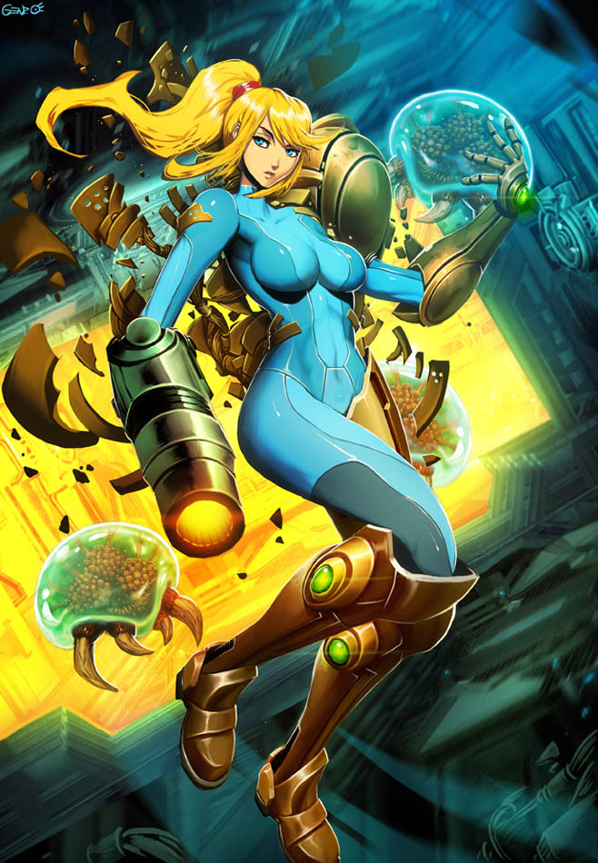 samus aran, metroid, and metroid larva (metroid) drawn by genzoman