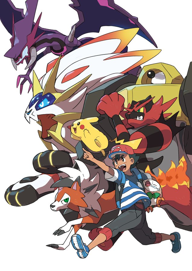 pikachu, ash ketchum, rowlet, lycanroc, incineroar, and 3 more (pokemon and 1 more) drawn by oomura_yuusuke