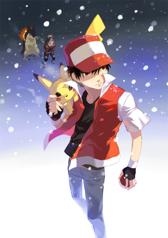pikachu, red, ethan, typhlosion, and pixiv red (pokemon and 2 more) drawn by kushabiria