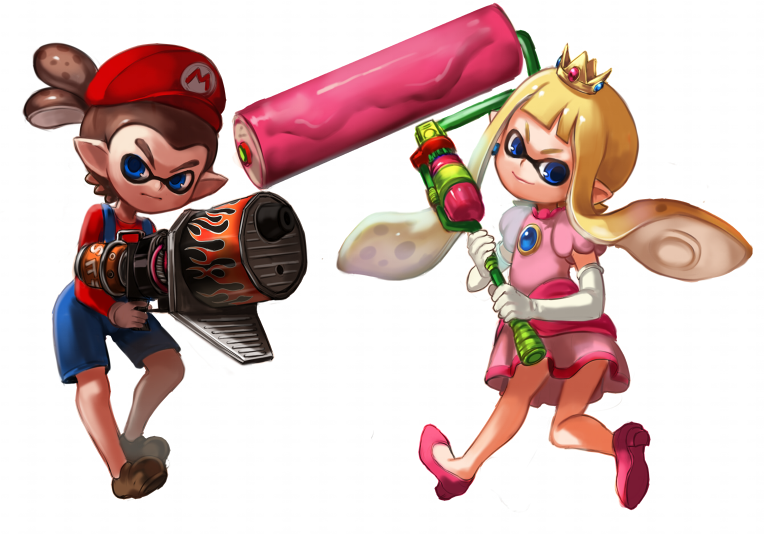 inkling player character, inkling girl, princess peach, mario, and inkling boy (splatoon and 2 more) drawn by nishizawa