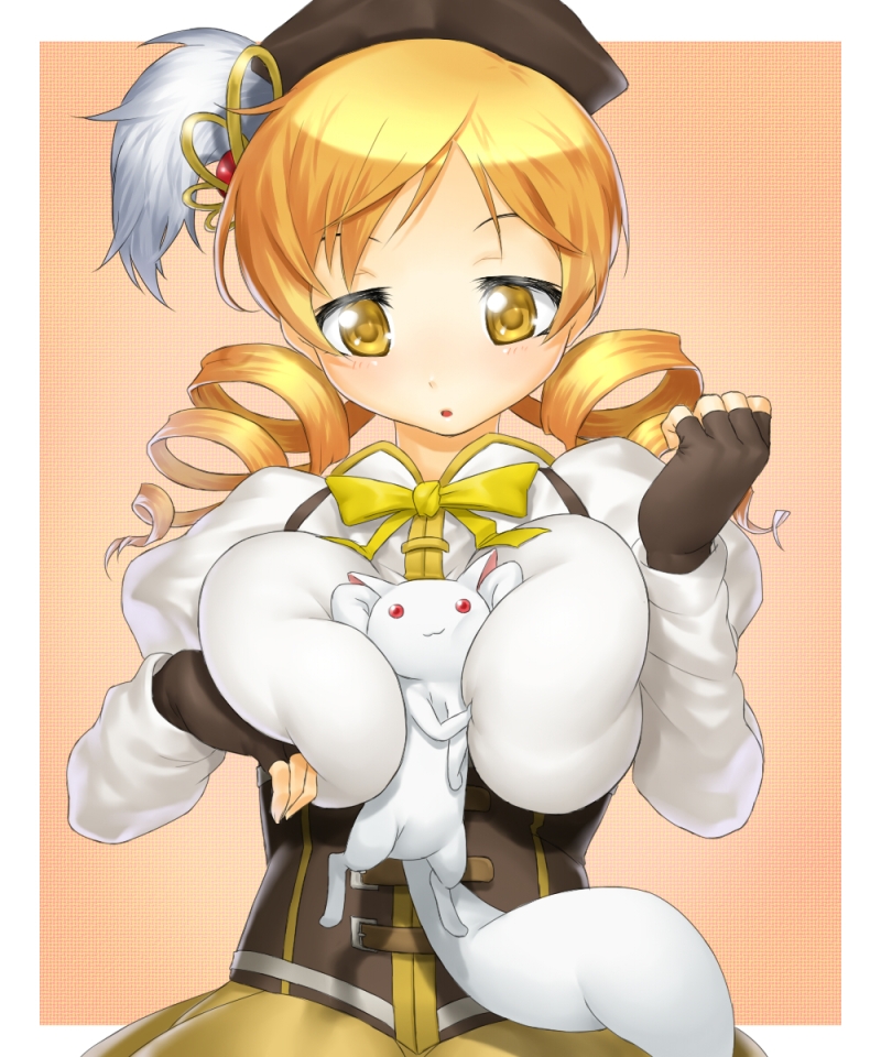 tomoe mami and kyubey (mahou shoujo madoka magica) drawn by onsoku_inu