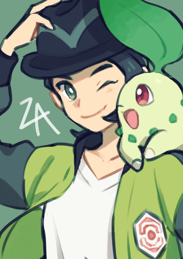 chikorita and paxton (pokemon and 1 more) drawn by mono96souko