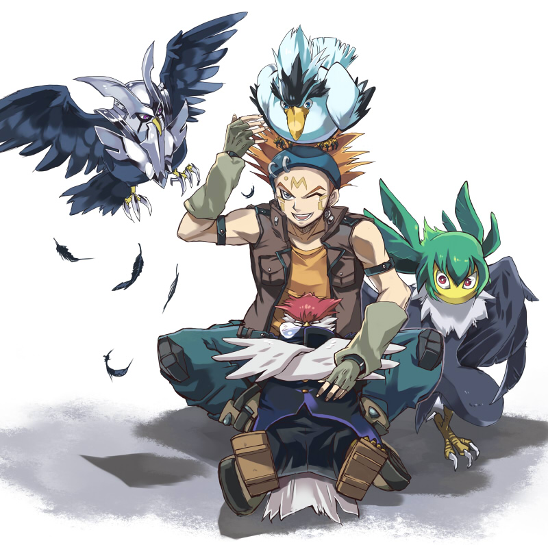 crow hogan, blackwing gale the whirlwind, blackwing blizzard the far north, blackwing vayu the emblem of honor, and blackwing mistral the silver shield (yu-gi-oh! and 1 more) drawn by takahashi_kazuki