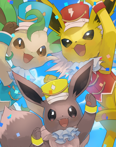 eevee, leafeon, and jolteon (pokemon) drawn by kikuyoshi_(tracco)