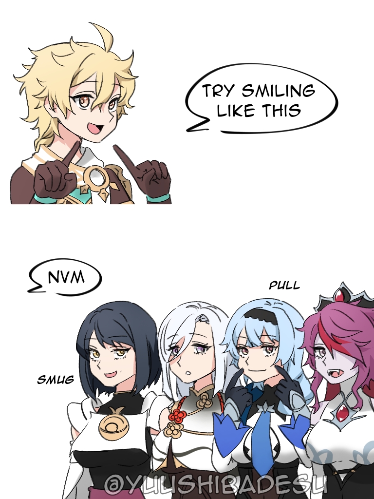 aether, shenhe, eula, kujou sara, and rosaria (genshin impact) drawn by yuushiba