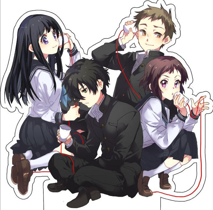 chitanda eru, oreki houtarou, ibara mayaka, and fukube satoshi (hyouka) drawn by takumi_(scya)